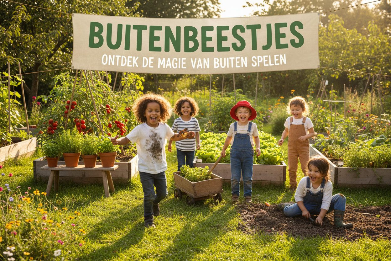 maak een banner voor buitenbeestjes met kinderen die buitenspelen met op de achtergrond een moestuin